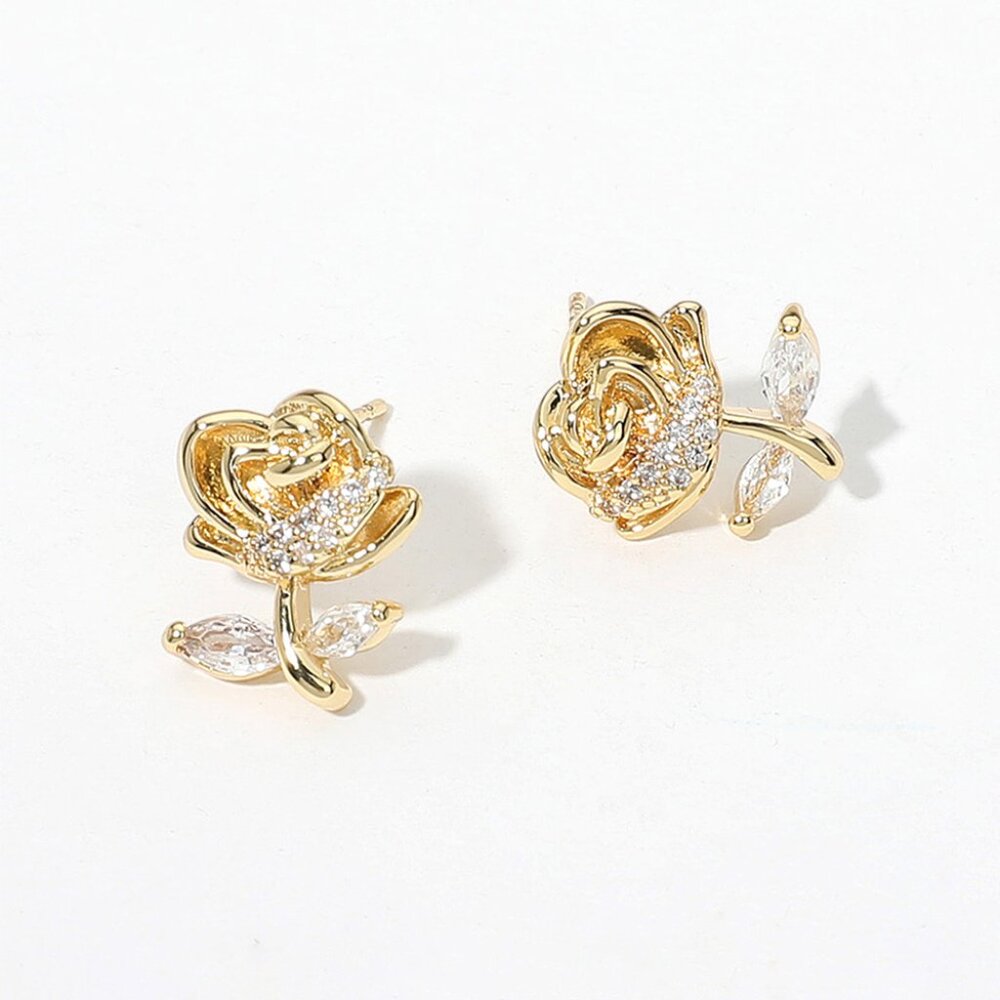 14K Gold Dipped CZ Stone Paved Rose Romance Stud Earrings